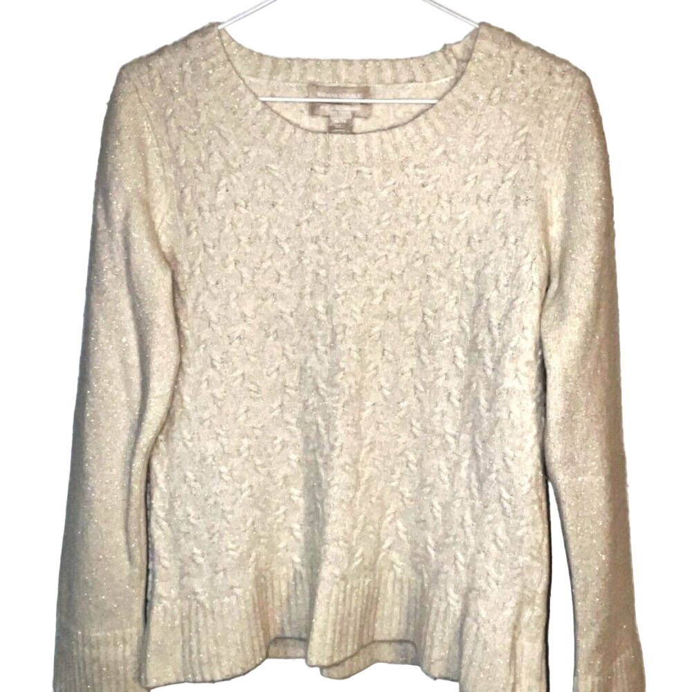 Banana Republic White Sparkle Knit Sweater Pullover Italian Yarn M Cozy Metallic